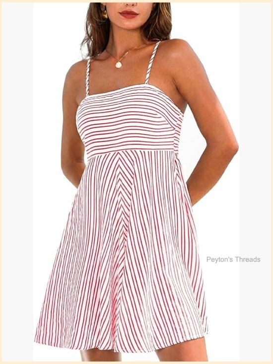 Dresses & Skirts - Smocked Square Neck Striped Mini Dress with Pockets